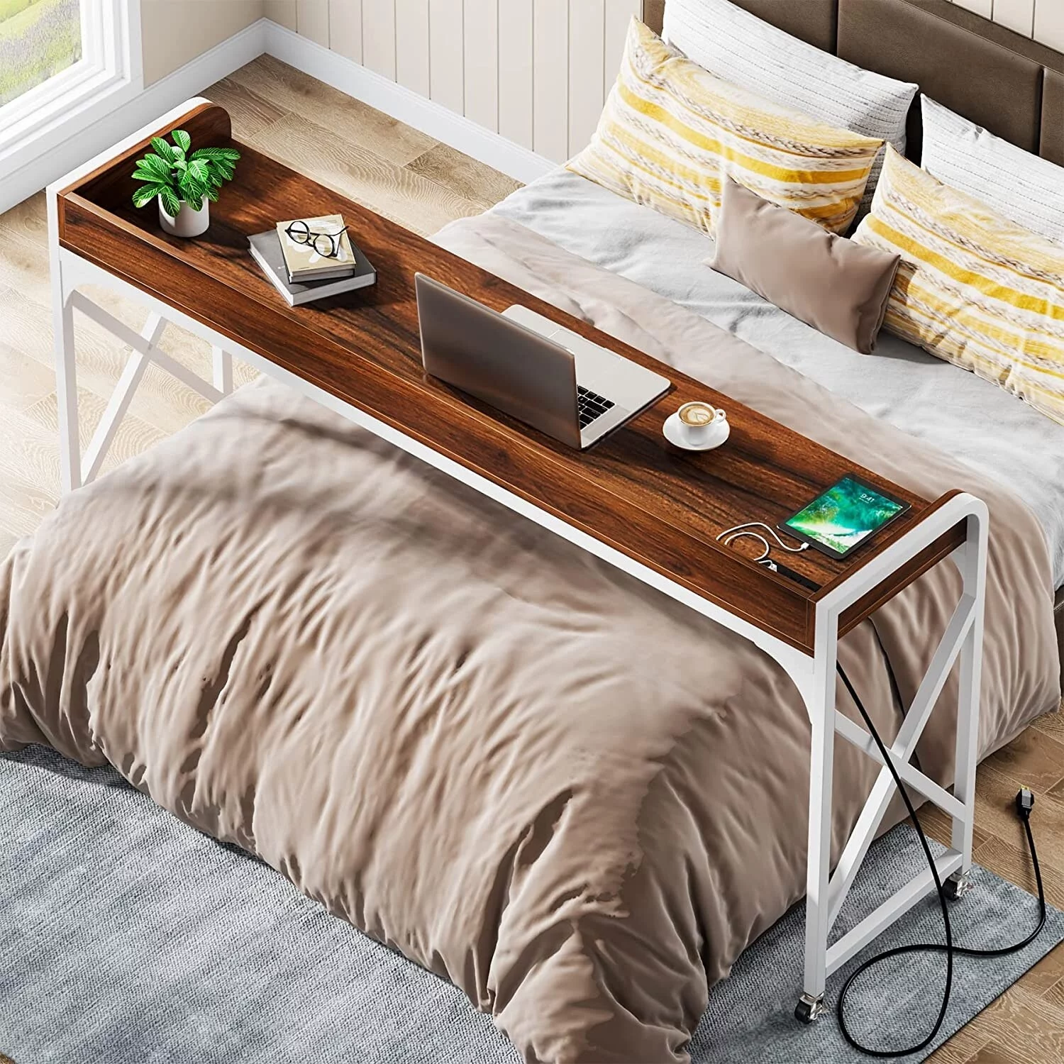 Over Bed Table with Wheels, 70.8 Inch Overbed Desk with Outlet & USB