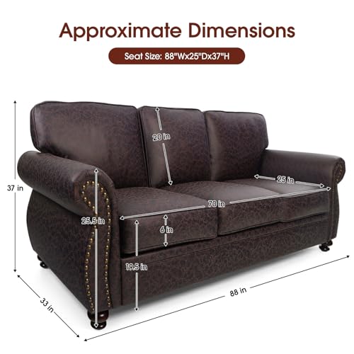Mid-Century Vintage Sofa Couches with Rivet Design,3-Seater Sofa,Removable Sofa Cover Upholstered Cushions and Solid Wood Frame (Brown, 3-Seater)
