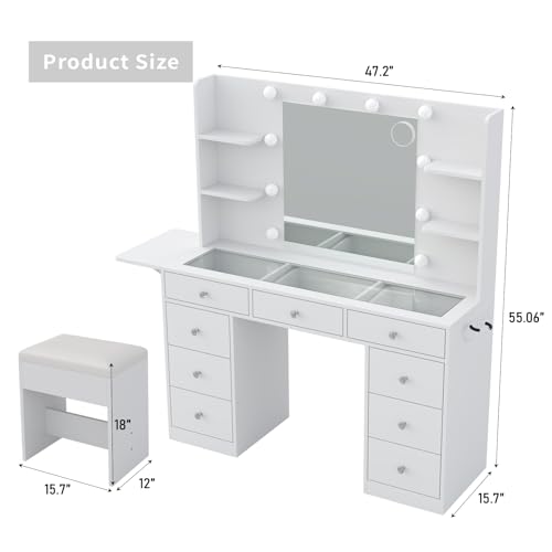 Vanity Desk & Power Outlet, Makeup Vanity with Mirror and 10 LED Lights, 3 Lighting Modes Brightness Adjustable