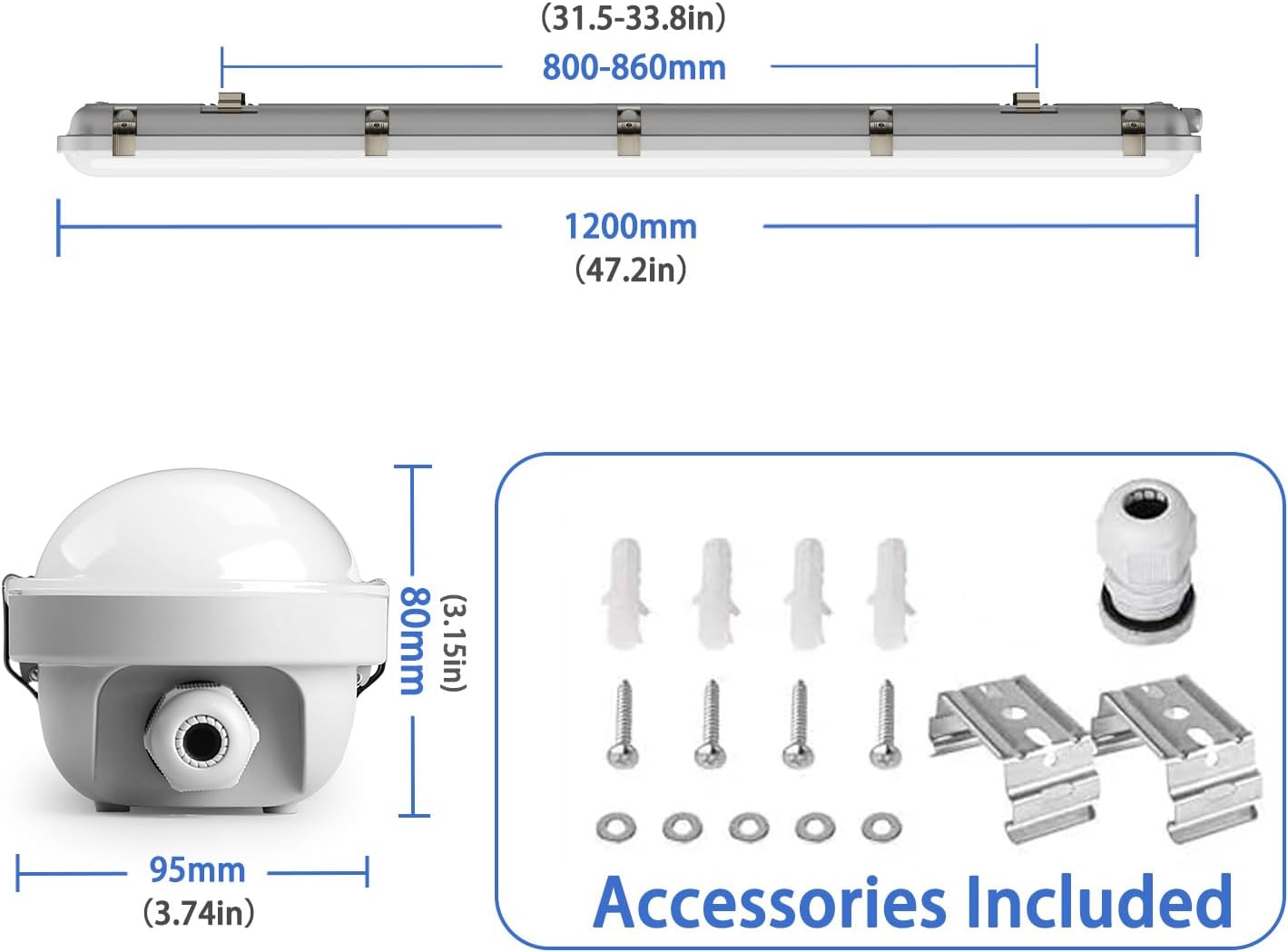 4FT LED Vapor Tight Light Fixture, 60W-50W-40W Power Selectable 5000K, IP65 Waterproof Industrial Surface Mount LED Shop Lights for Carport, Garage