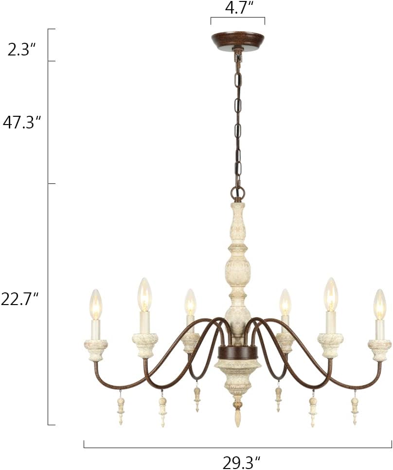 Oldiron 6-Light French Country Candle-Style Chandelier, Distressed White Imitation Wood Metal Chandelier