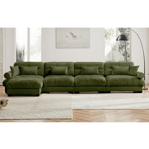 130" Modular Sectional Sofa,Velvet Upholstered Couches for Living Room,3 Seater Green Sofa Couch with Movable Ottoman