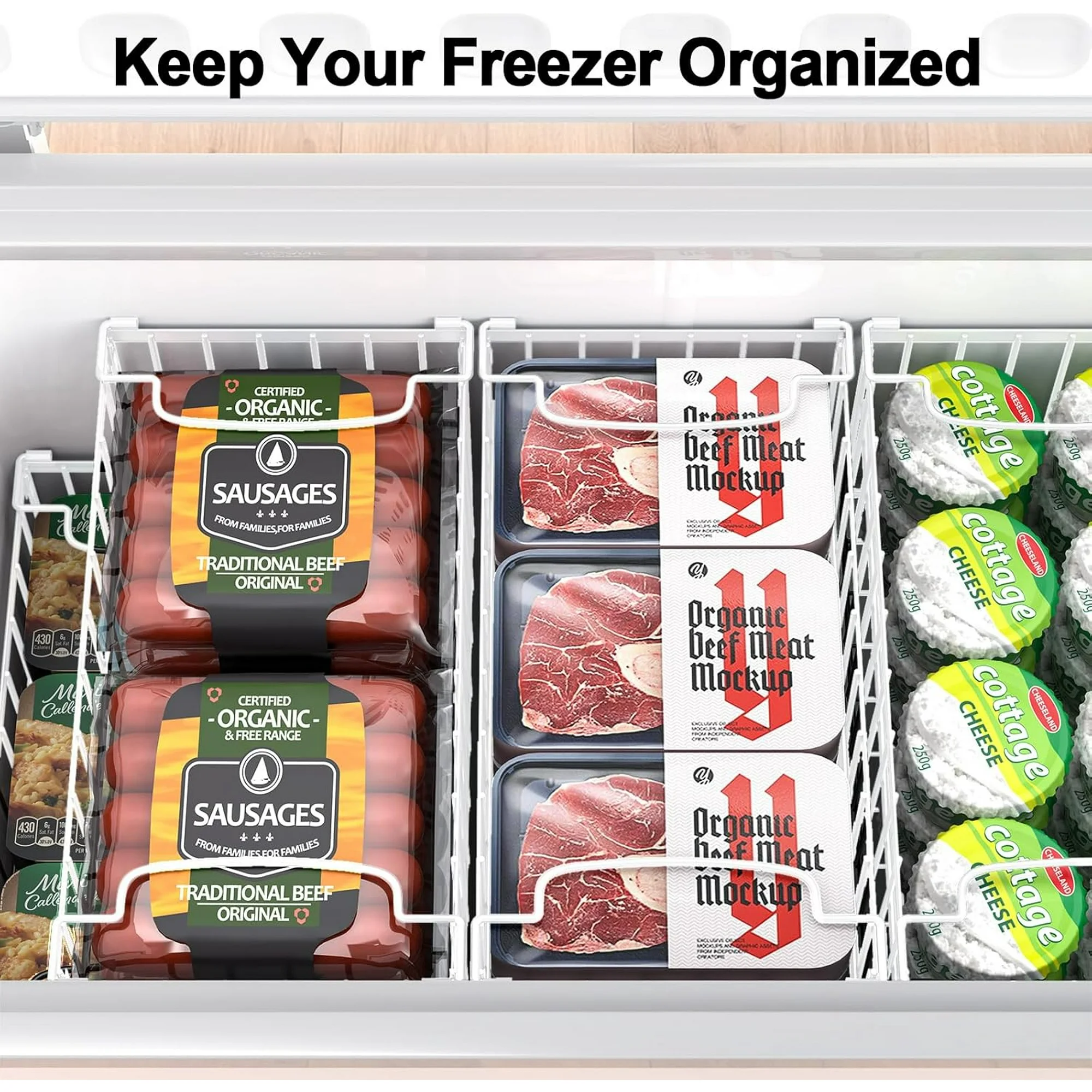 Organizer Bins, 4 Pack Stackable Deep Chest Freezer Organizer Bins, Foldable Baskets with Handles