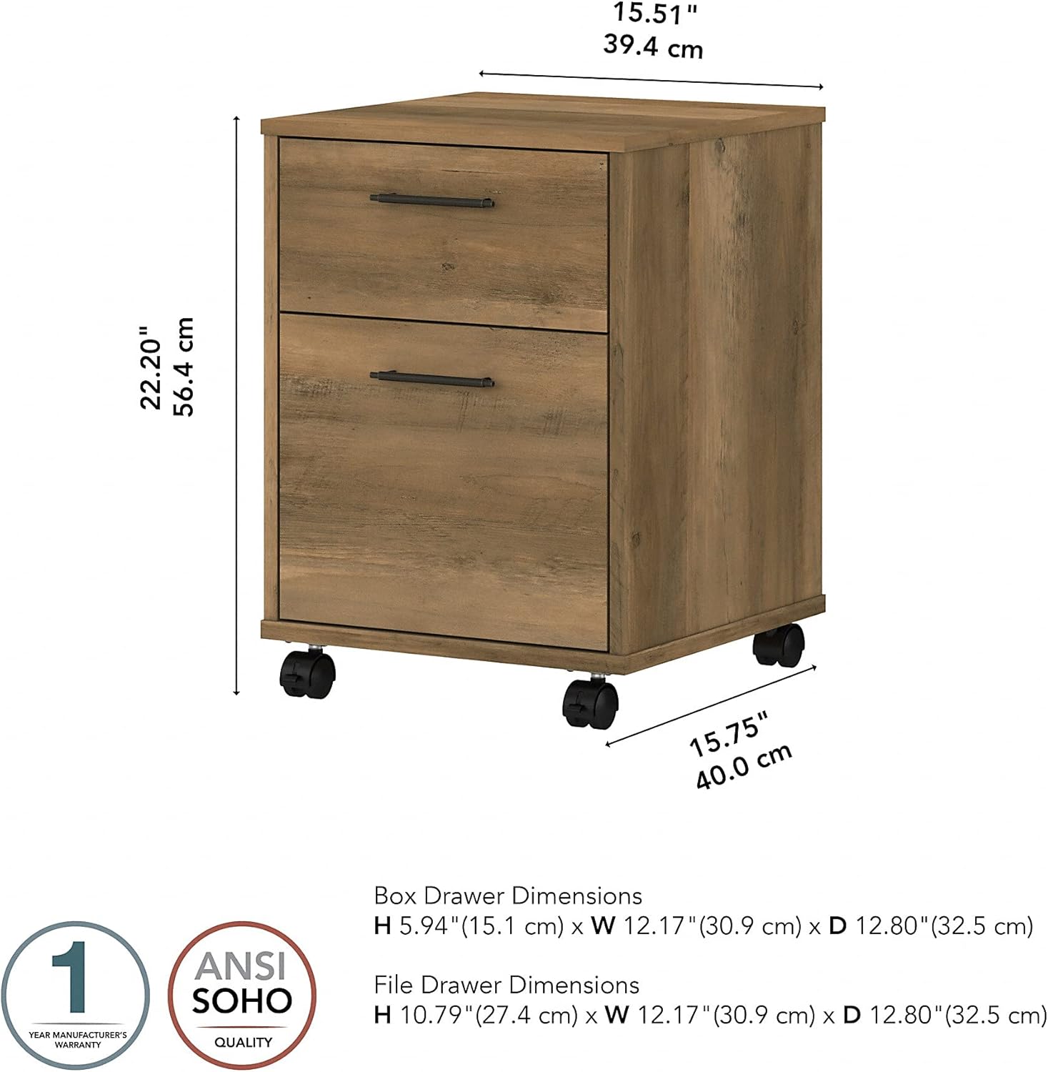 Bush Furniture Key West 2 Drawer Mobile File Cabinet, Reclaimed Pine