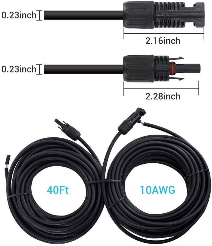 Renogy 40Ft 10AWG Male&Female Extension Cables Solar Panel and Controller Connector Adaptor Wire, Black Pack of 2