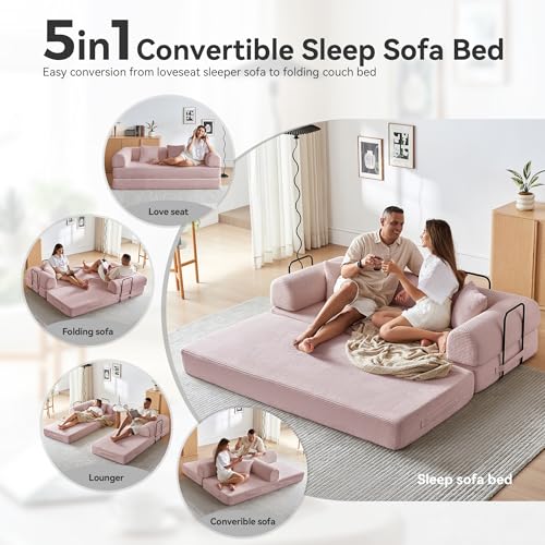 Convertible Sleeper Sofa Bed with Cylindrical Pillow, Comfy Foldable Sofa Bed Compressed Sofa in Box