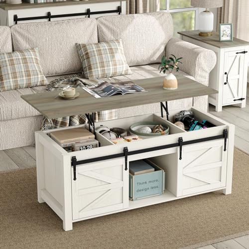 Lift Top Coffee Table with Storage, 47.3'' White Farmhouse Center Table with Sliding Ironmesh Doors