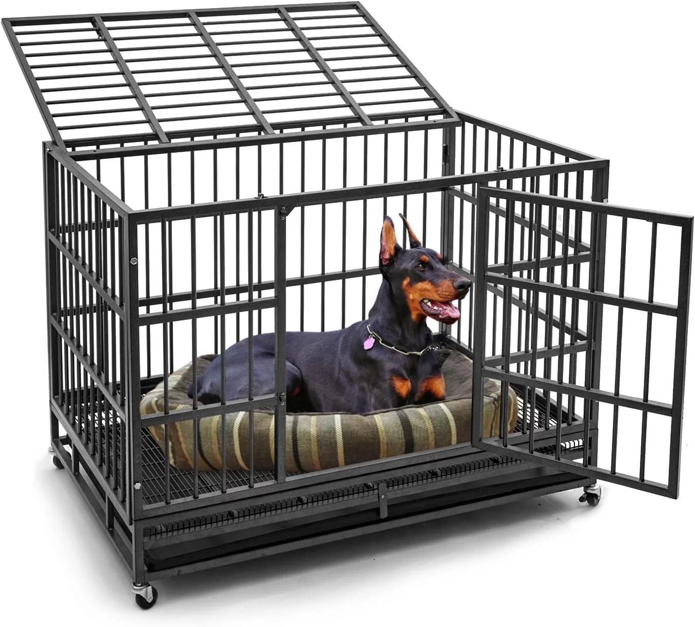 Aixvx 48 inch Heavy Duty Indestructible Dog Crate Steel Escape Proof, Indoor Double Door High Anxiety Cage, Kennel with Wheels, Removable Tray