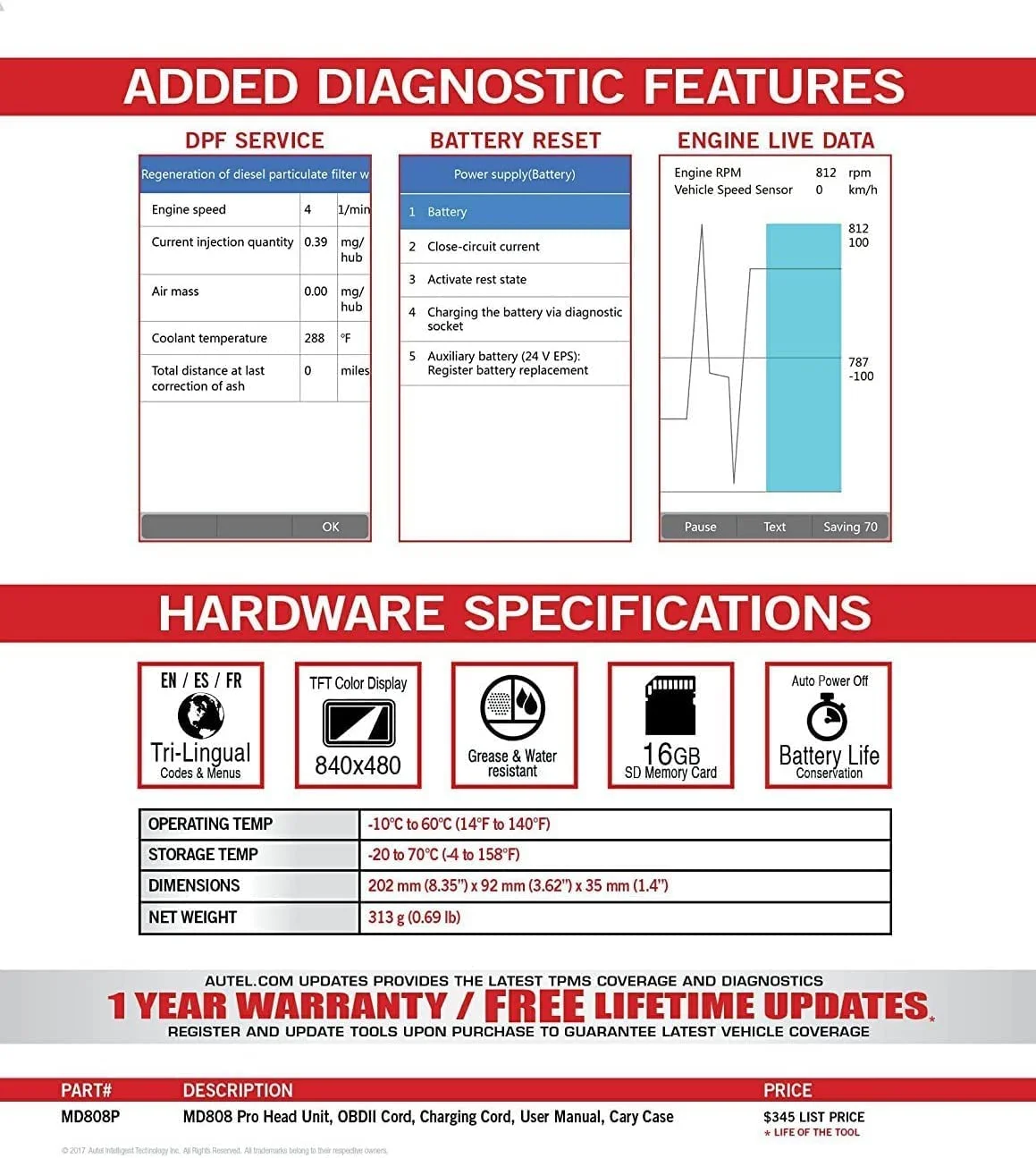 Autel MaxiDiag MD808 Pro OBD2 Scanner EPB/ Oil Reset Battery Registration and Reset Parking Brake Pad Relearn Diesel Particulate Filter Regeneration