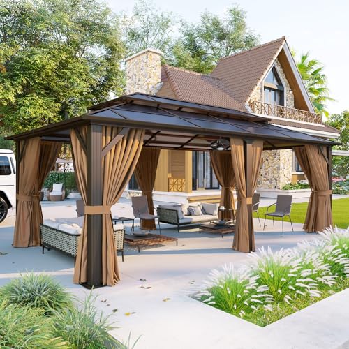 Aoxun 12'x10' Hardtop Gazebo, Aluminum Frame Permanent Pavilion with Curtains and Netting, Outdoor Polycarbonate Double Roof Canopy