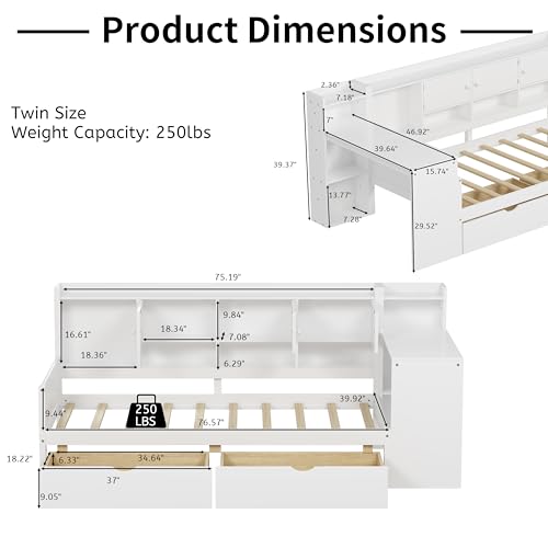 Corner Twin Bed Frame with Bookcase Storage and Desk, Wood Day Beds with 2 Drawers, Twin Size Daybed with Storage for Living Room