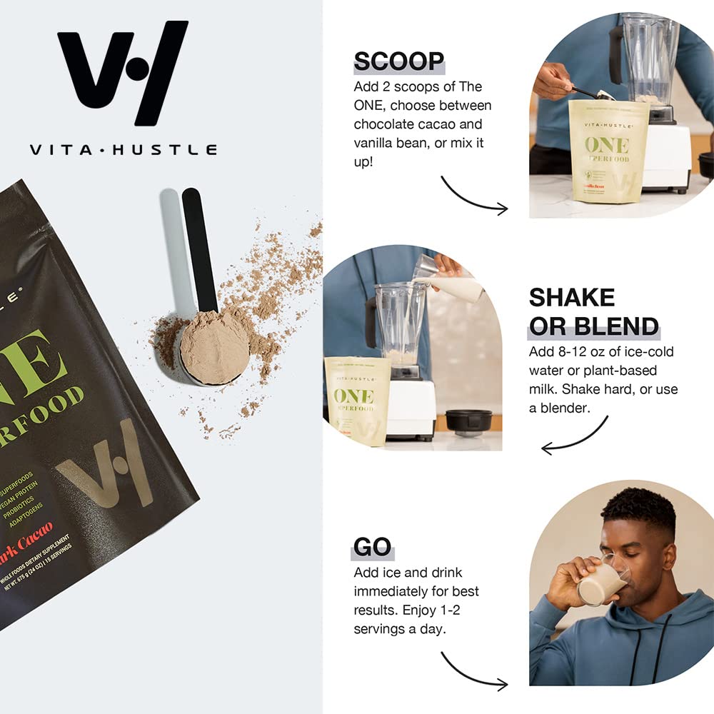 VitaHustle ONE Superfood Vegan Protein Powder Shakes - 20G Plant Based Protein, Super Greens, 1G Sugar, Probiotics, Energy, Digestion, Gluten Free