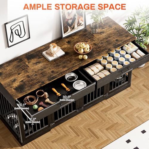 Rophefx 72" Dog Crate Furniture for 2 Dogs, Large Double Dog Kennel Indoor Furniture with 2 Storage Drawers and Removable Divider