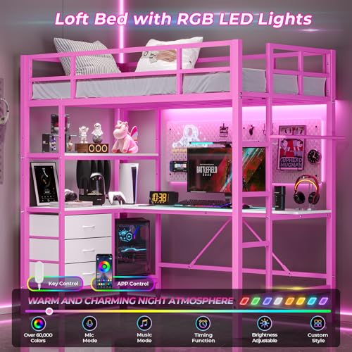 DICTAC Loft Bed Full Size with L-Shaped Desk and Charging Station Full Metal Bed Frame with LED Lights,Open Shelves and 3 Fabric Storage Drawers