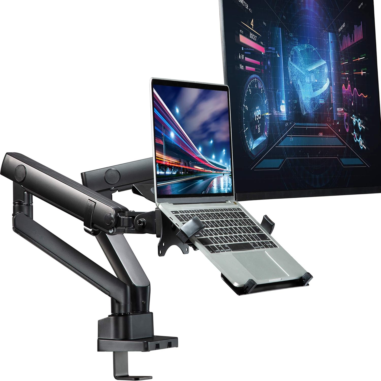 AVLT Laptop and Monitor Arm - Mount 15.6" Notebook and 32" Monitor on 2 Full Motion Adjustable Arms