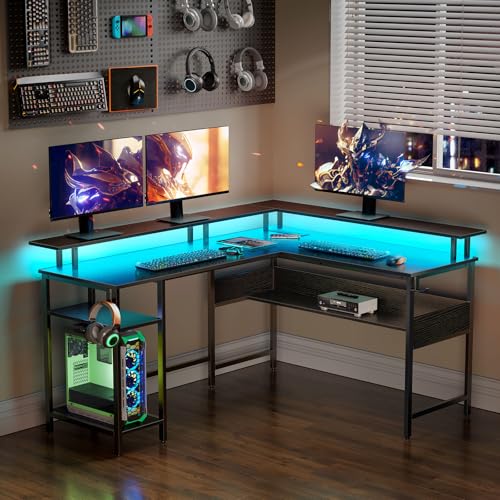 Rolanstar Computer Desk 56.7" with LED Lights and Power Outlets, Carbon Fiber Surface, Reversible L Shaped Gaming Desk with Monitor Stand