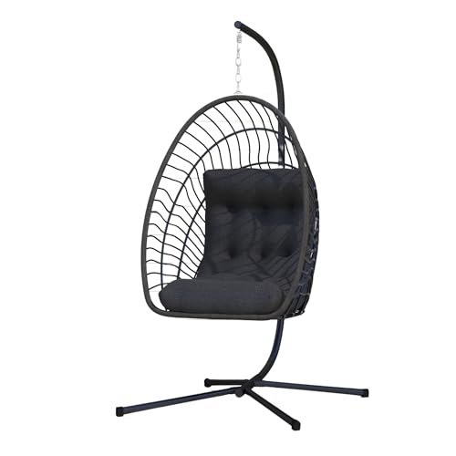Hanging Egg Chair with Stand Indoor Outdoor, Foldable Rattan Wicker Hammock Egg Swing Chair for Bedroom Porch Patio Garden, Thickened Cushion