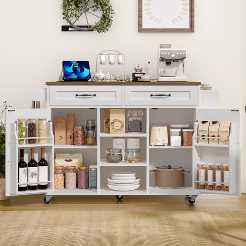 Kitchen Island with Power Outlets & Drop Leaf, Kitchen Cart with Storage, Drawer and Spice Rack, Tower Rack, Island Table, White and Walnut