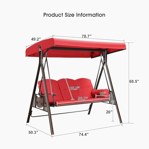 PURPLE LEAF 3-Seat Deluxe Outdoor Patio Porch Swing with Weather Resistant Steel Frame, Adjustable Tilt Canopy, Cushions and Pillow Included, Beige