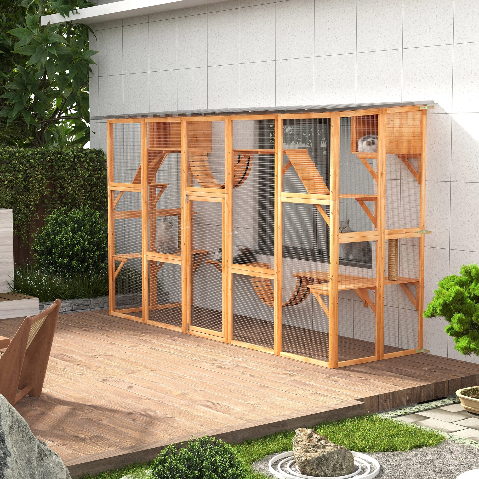 PawHut Catio Playground Outdoor Cat Enclosure Wooden Cat House Shelter - Radiant Selections