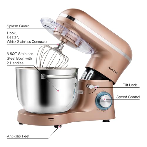 Aucma Stand Mixer,6.5-QT 660W 6-Speed Tilt-Head Food Mixer, Kitchen Electric Mixer with Dough Hook, Wire Whip & Beater (6.5QT, Black)