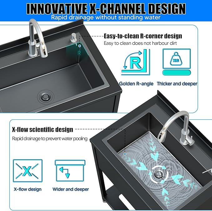 Stainless Steel Utility Sink, 36.6" × 24.2" × 36.6"Freestanding Sink with Cold and Hot Water Faucet,Hoses and Drain Kit for Kitchens, Bathrooms