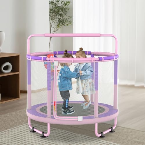 LANGXUN 60" Trampoline for Kids, 5ft Toddler Mini 6-in-1 Trampoline Indoor Outdoor with Swing, Basketball Hoop, Dart Board, Gymnastics Bar, Rings