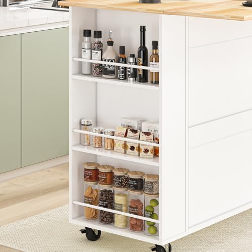 67’’ Movable Kitchen Island with Drop Leaf and Power Outlet, Lockable Sliding Countertop Rolling Island Cart with 2 Large Drawers, Spice, Towel Rack