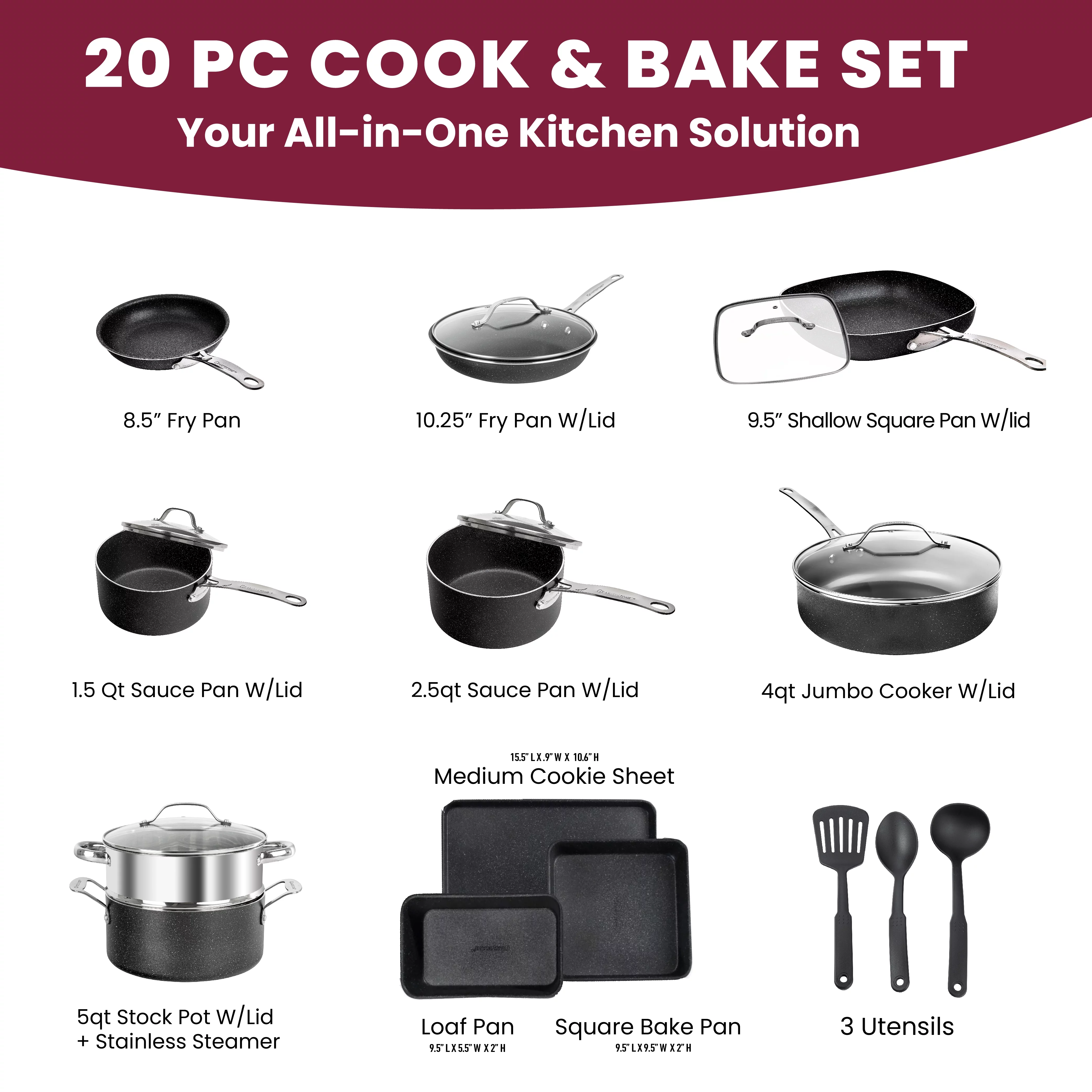 Granite Stone Pots and Pans Set Nonstick Cookware Bakeware Set Dishwasher Oven Safe Black 20 Pcs