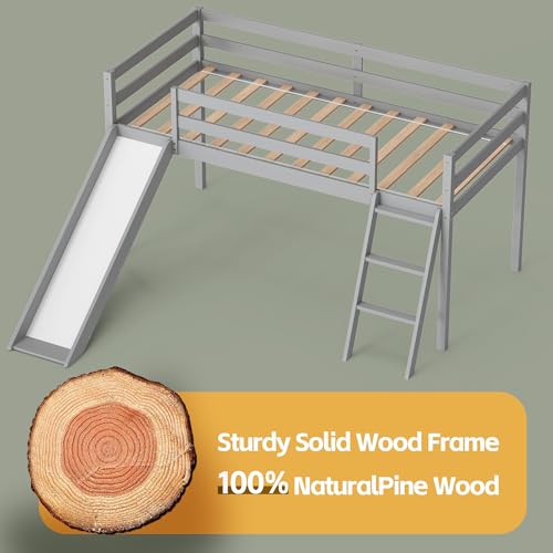 OLEAD Low Bunk Bed with Slide, Floor Loft Bed with Climbing Ladder, Wood Twin Bunk Bed Frame with Full Guardrails & Storage Space for Kids Toddler