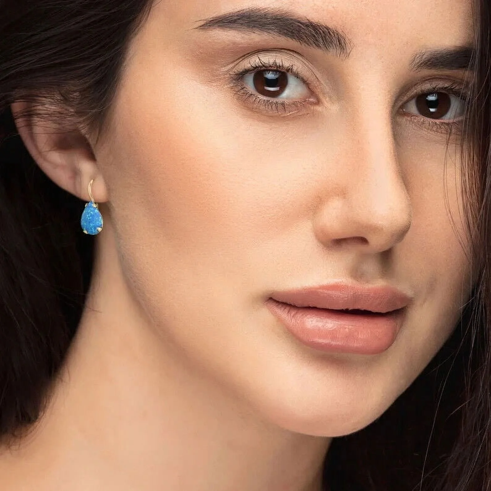 14K Yellow Gold Pear Cut Blue Opal Gemstone Earrings - Teardrop Earrings