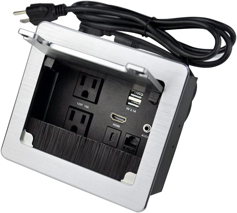 Tabletop Brush Flip Connectivity Box with 2 AC Power + 2 USB Charger + HDMI + 1 3.5mm Audio + USB-C Data + RJ45(cat6) for Conference Room (Black)