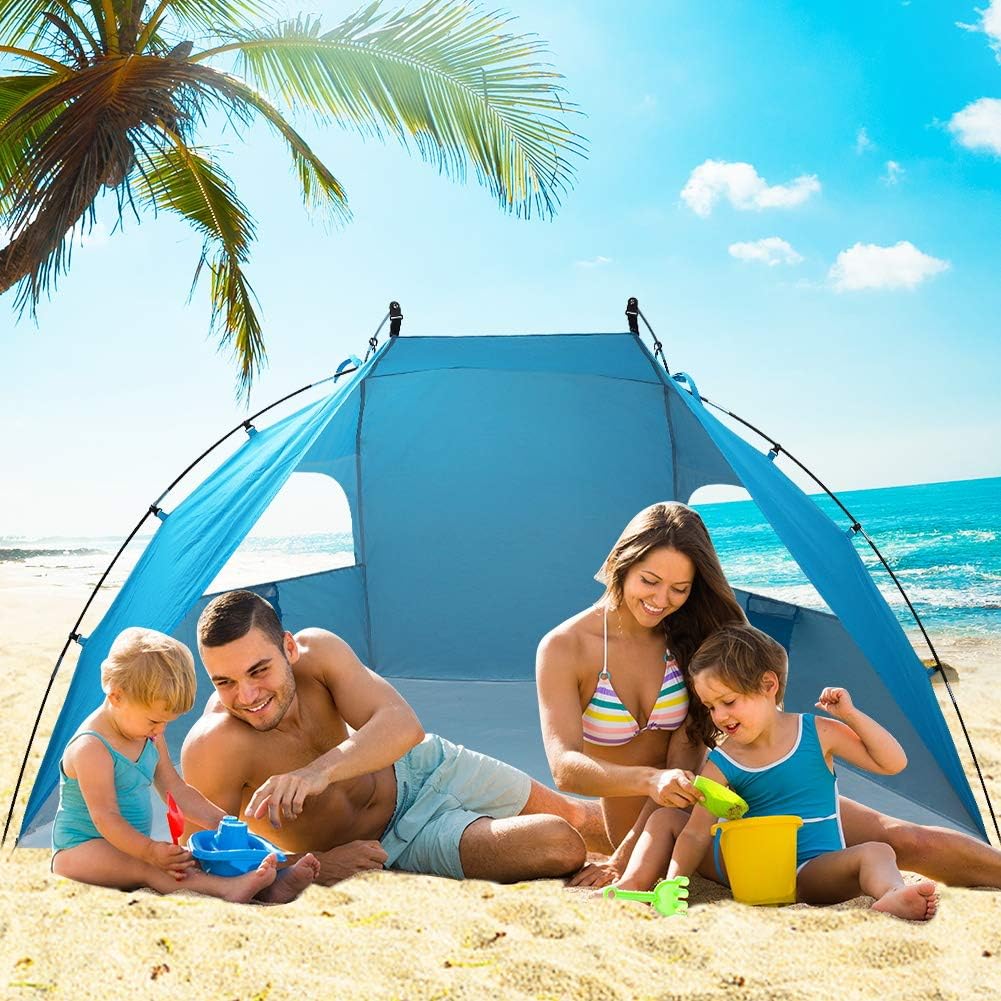 Easy Set Up Portable Sun Shelter Beach Tent Camping Shelter, 9ft Large Tent for Family, UV Protection,Blue