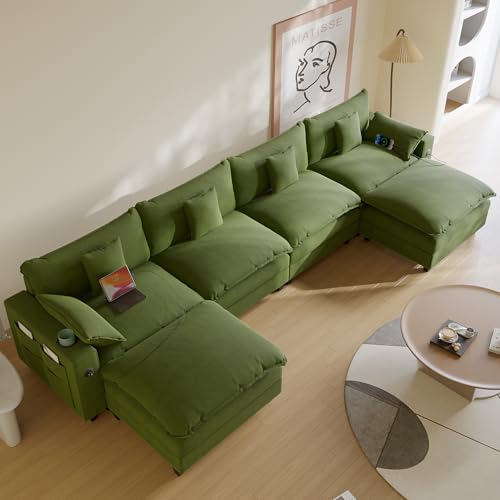 Modular Sectional Sofa, Cloud Couch with Ottoman, Charging Station, Throw Pillows, Cup Holders, Modern Convertible U Shaped Couches for Living Room