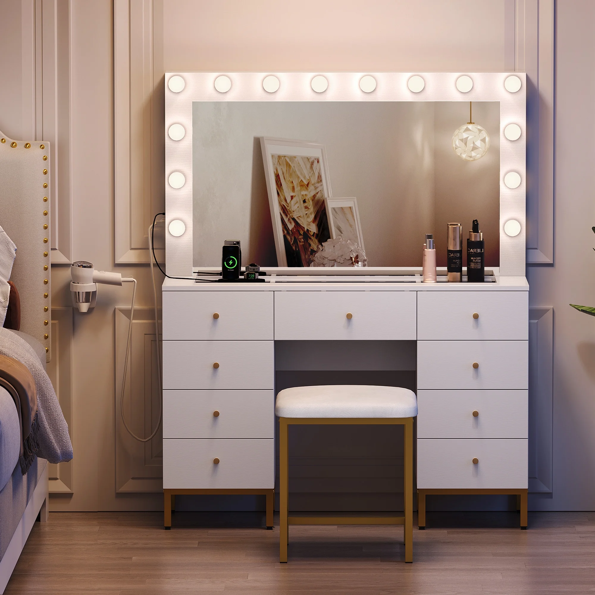 DWVO Vanity Table Set with 3 Color Lighted Mirror & Charging Station & Stool, Modern Makeup Vanity Dressing Table with 9 Drawers for Bedroom