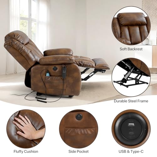 EDILLY Large Genuine Leather Power Lift Recliner Chairs for Elderly, Dual Motor with Massage and Heating,Double Lumbar Cushion and Extended Footrest