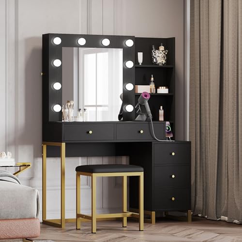 YITAHOME Makeup Vanity Desk with Mirror & Power Outlet, Hollywood Vanity Set with Hidden Jewelry Storage, 5 Drawers and Lots Shelves