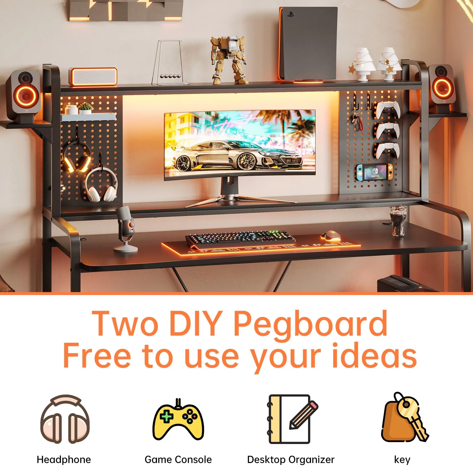 Black Gaming Desk, 55" Computer Desk with LED Lights, Hutch and Shelves, Large PC Gamer Desk Workstation for Home Office