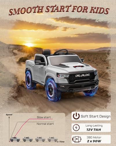 12V Licensed Ram 1500 Ride on Toy for Kids, Toddler Ride on Pickup Truck with Parent Remote Control, Electric Car for Kids with Truck Bed Storage