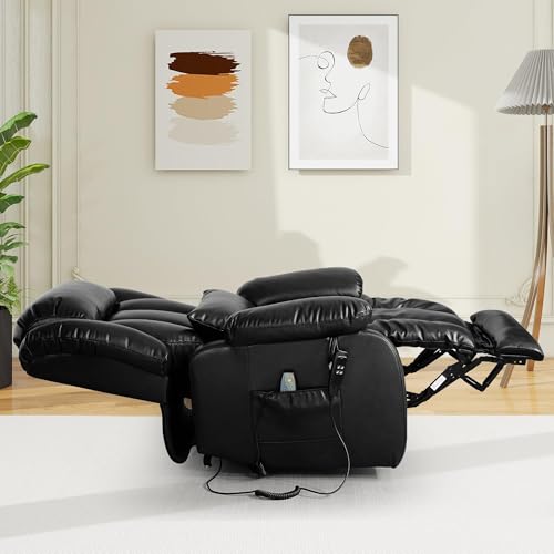 EDILLY Large Genuine Leather Power Lift Recliner Chairs for Elderly, Dual Motor with Massage and Heating,Double Lumbar Cushion and Extended Footrest