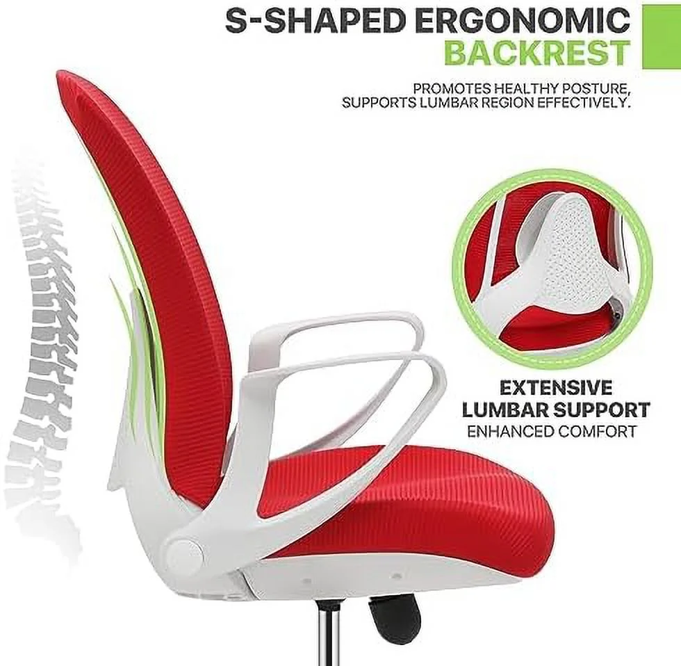 Office Desk Chair Mid-Back Mesh Swivel Chairs  Ergonomic Office Computer Chair with Flip-Up Arms  Red