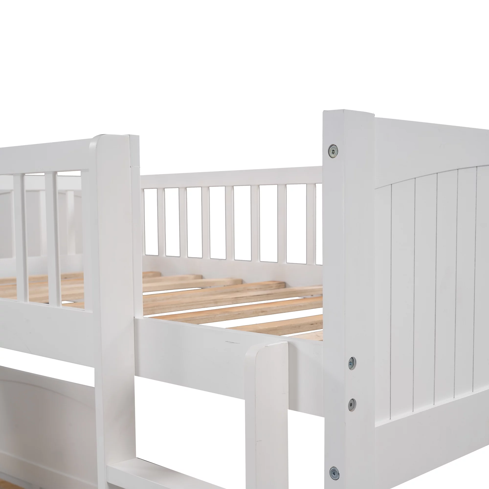Euroco Twin Size L-Shaped Wood Triple Bunk Bed with Drawers for Kid's Bedroom, White