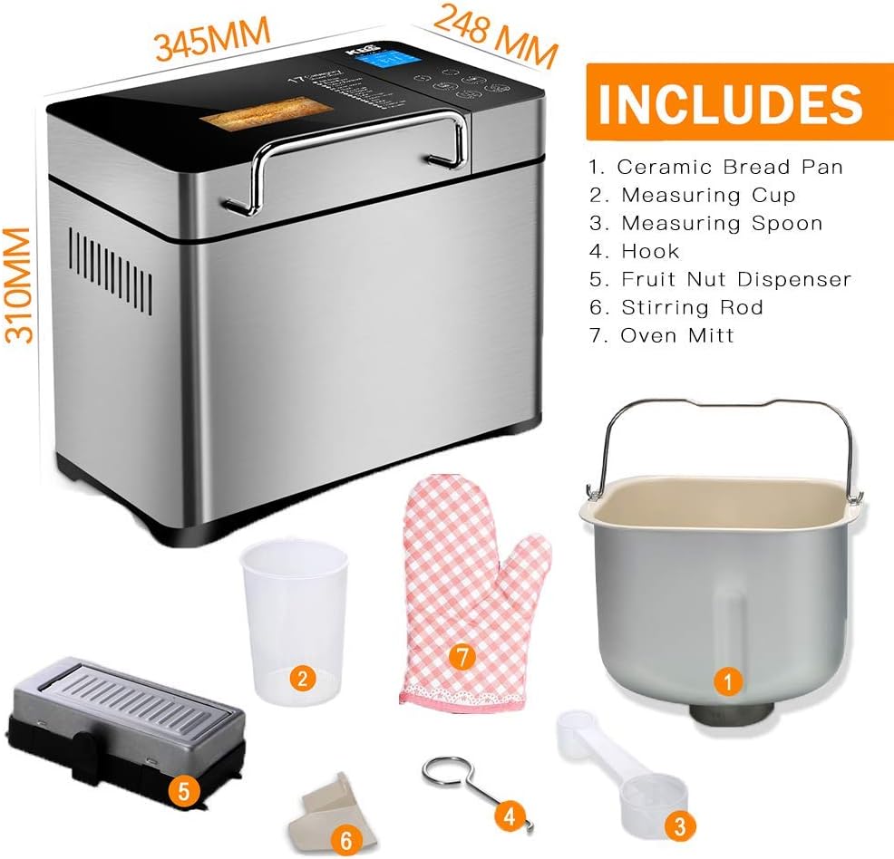 KBS Pro Stainless Steel Bread Machine, 2LB 17-in-1 Programmable XL Bread Maker with Fruit Nut Dispenser, Nonstick Ceramic Pan& Digital Touch Panel