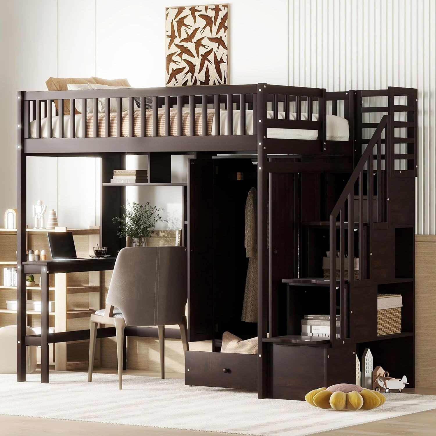 Harper & Bright Designs Twin Size Loft Bed with Stairs, Desk, Bookshelf, Drawers and Wardrobe, Solid Wood Loft Bed Frame with Storage