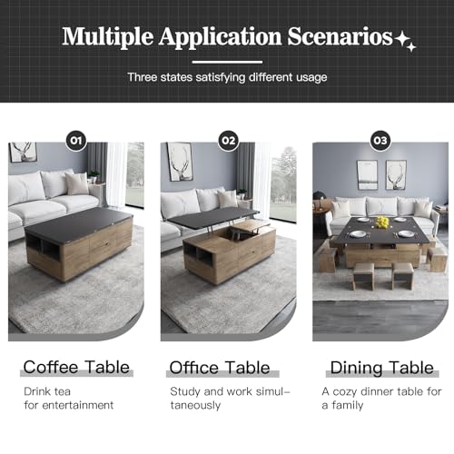 Multifunctional Lift-Top Coffee Table with 4 Stools, 3-in-1 Center Table, Space Saving Folding Dining Table,Lifting Coffee Table for Living Room
