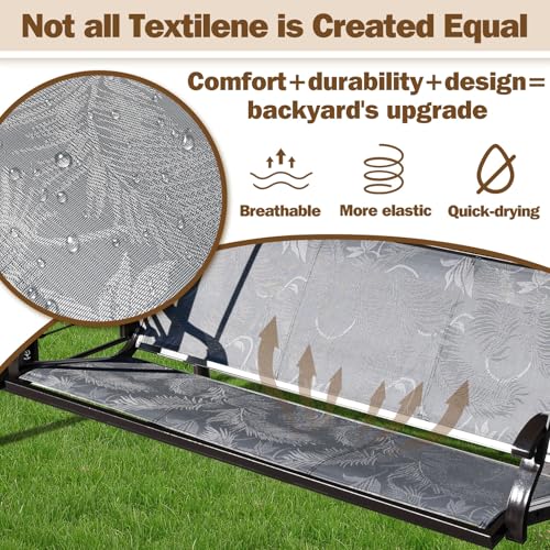 3 Person Patio Swing Outdoor Swing for Adults with Adjustable Canopy &Upgraded Cup Holders Textilene Fabric Porch Swing Chair with Stand Heavy Duty