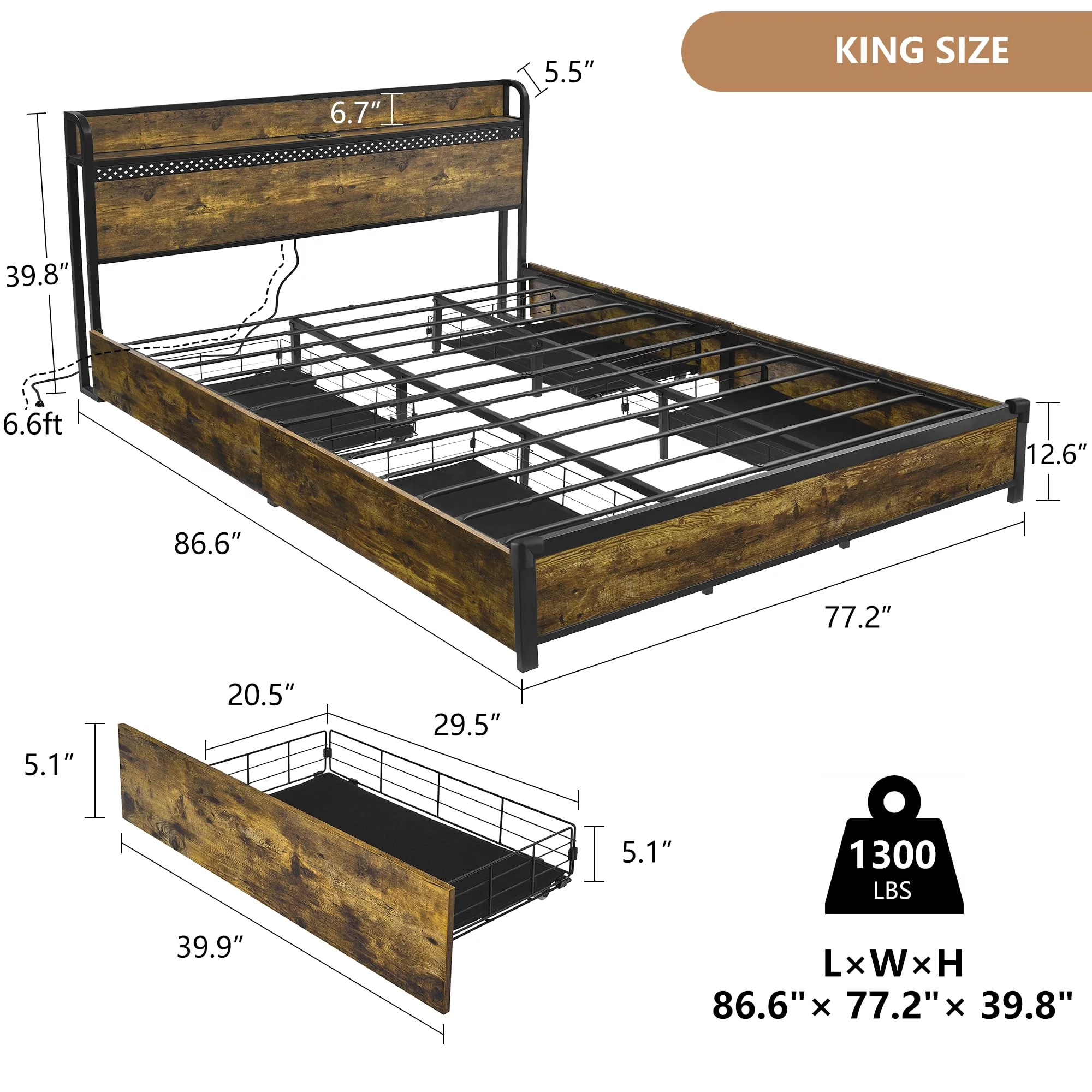 King Size Bed Frame with 4 Storage Drawers, LED Bed Frame with Charging Station, Metal Platform Bed King with Headboard & LED Lights