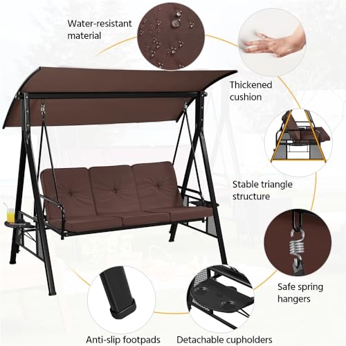 Yaheetech 3-Seat Deluxe Outdoor Patio Porch Swing with Angle-Adjustable Sunshade/Cupholder/Lie Down Hanging Chair, Lounge Chair for 3 People