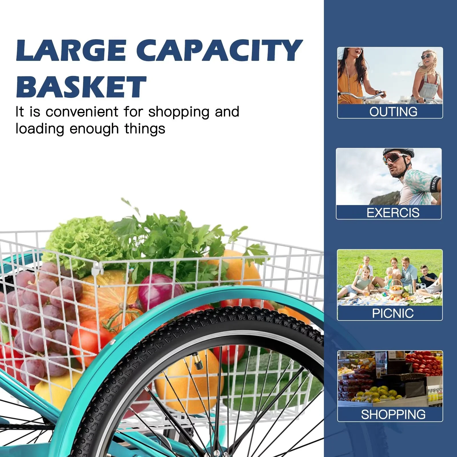 MOPHOTO 20''/24''/26'' Tricycle for Adults, 7 Speed 3-Wheel Bike, Comfort Cruiser Trike, Cyan Tricycle with Big Basket - Curated Treasures Market