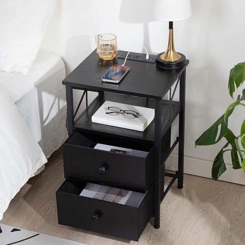 AMHANCIBLE Night Stand Set 2, Nightstand with Charging Station, End Tables Living Room with USB Ports and Outlets